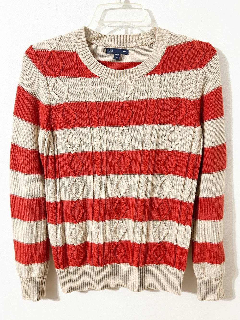 GAP Women’s Red & Cream Striped Diamond Cable-Knit Crewneck Sweater Size XS